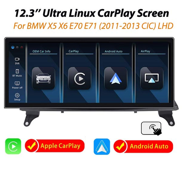 12.3'' Ultra CarPlay Android Auto Linux screen for BMW X5 E70 X6 E71 (11-13) CIC LHD